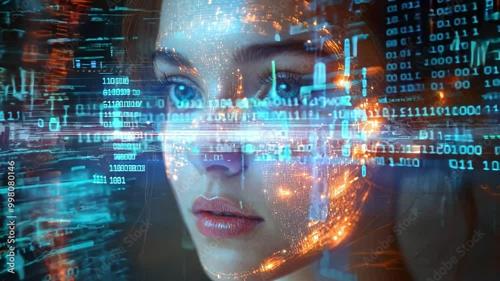 Poster A woman’s face is illuminated by vibrant binary code projections, showcasing a fusion of technology and human expression in a modern setting.
