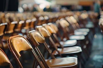 Pan across the rows of chairs filled with prospective buyers, conveying the anticipation and excitement of the auction event. , background blur