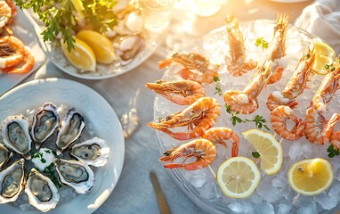 Fresh Seafood Feast with Grilled Shrimp, Ceviche, and Oysters by the Beach