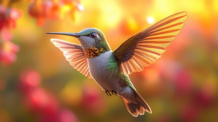 Naklejka premium Stunning 3D Style Hummingbird in Mid-Flight Against a Vibrant Gradient Background