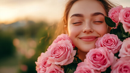 Naklejka premium Happy Woman holding a giant bouquet of pink roses soft morning light 