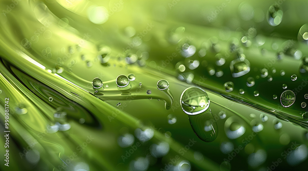 Poster 3d render of an abstract green background with a water pipe, bubbles, and drops on the glass surface