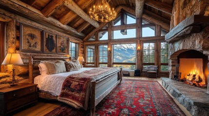 A rustic log cabin bedroom, with exposed wooden beams, cozy blankets, and a stone fireplace, creating a warm, mountain retreat feel