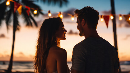 Joyful couple watching a sunset on a tropical beach palm trees tiki torches and New Year banners festive mood 