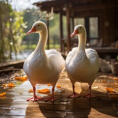 Obraz premium A pair of white geese, standing on the wooden floor in front of them, have an orange beak and head with red eyes. The background features green plants and trees, creating a natural environment.