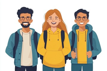 Three young friends with backpacks symbolizing youth travel and friendship in a vibrant clean illustration with bright colors and minimal background