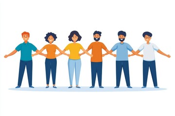 Obraz premium Group of diverse people holding hands in a line symbolizing teamwork unity and collaboration in a clean modern illustration with soft tones and minimal background
