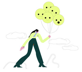 Emotional control and self regulation, stressed management or mental health awareness, feeling and expression concept, calm woman holding balloons with emotion or expression faces, happy, sad or fear.