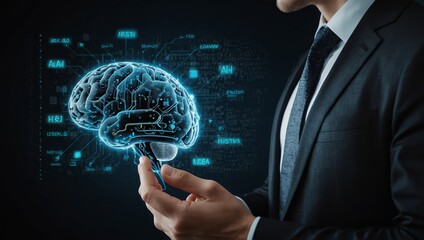 AI Artificial Intelligence. Business man using AI technology for data analysis, coding computer language with digital brain, machine learning on virtual screen, business intelligence