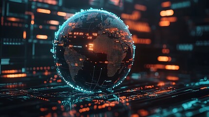 Fototapeta premium A glowing digital globe, intertwined with orange and blue lights, hovers above a circuit board, symbolizing the flow of global data.