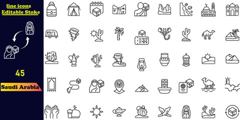 A collection of Saudi Arabia line icons featuring landmarks, towers, currency, oil, camels, people, and buildings. Editable stroke icon set.
