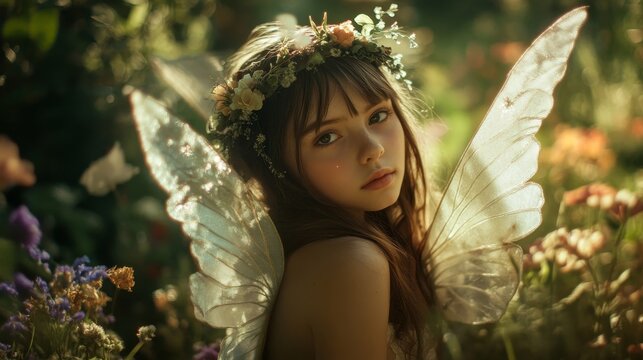 Enchanting French Girl in Fairy Costume Surrounded by Magic in a Beautiful Garden