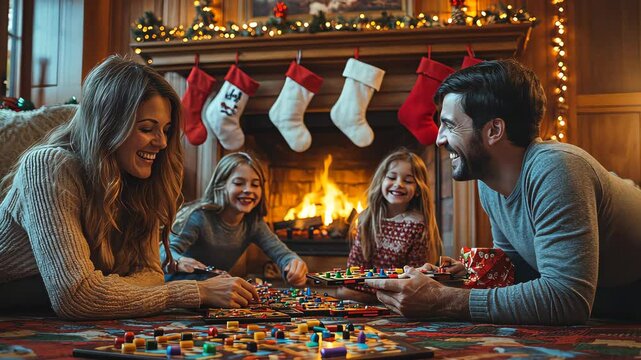 Family playing a board game in front of a fireplace, with Christmas stockings hanging above.