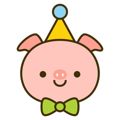 Cute smiling pig face with party hat and bow tie. Cartoon style vector illustration.