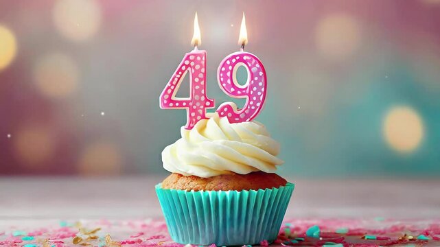 Birthday cupcake with burning lit candle with number 49. Number fourtynine for fourtynine years or fortyninth anniversary.