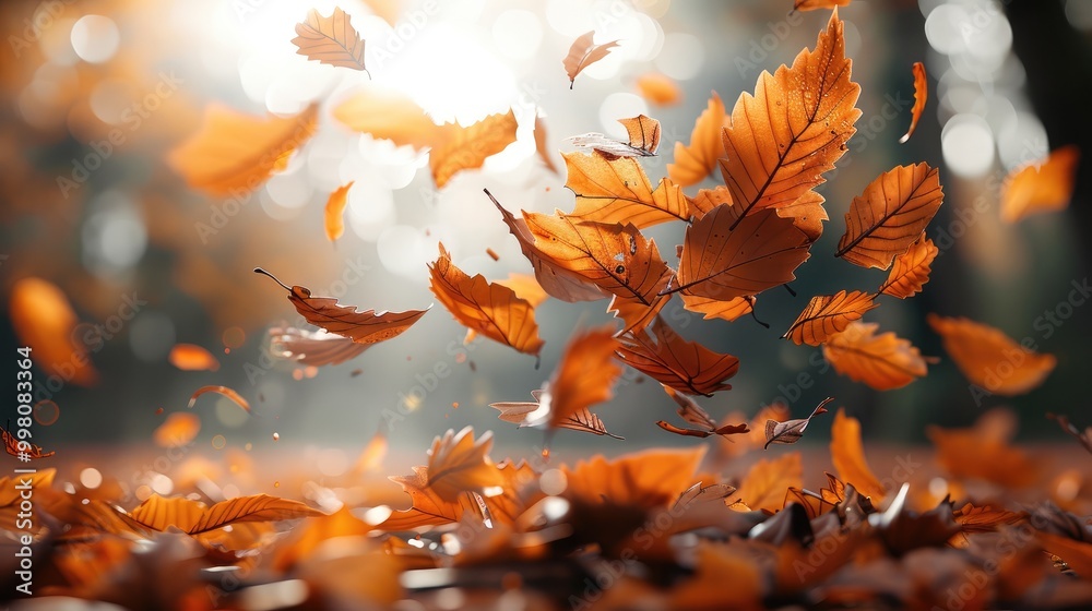 Poster Autumn leaves gracefully falling to form an accurate stack. Generative AI.
