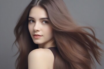 Naklejka premium Stunning Woman with Flowing Brown Hair - Beauty Portrait