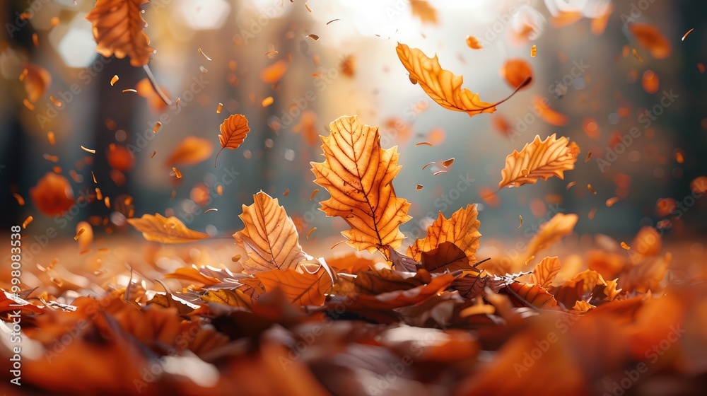 Poster Autumn leaves gracefully falling to form an accurate stack. Generative AI.