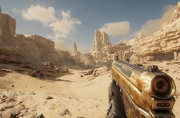 First-person shooter Video Game in a post-apocalyptic desert setting. AI generated image