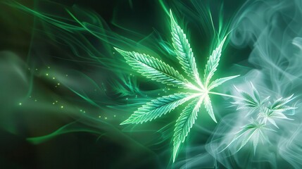 Cannabis leaf transforming into a soft green aura, therapy and healing concept, futuristic design, glowing effects, digital art