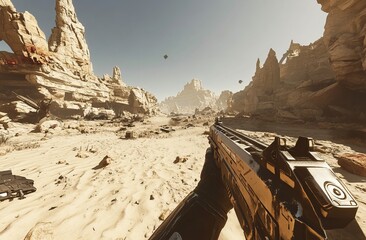 First-person shooter Video Game in a post-apocalyptic desert setting. AI generated image