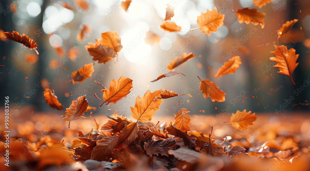 Poster Autumn leaves gracefully falling to form an accurate stack. Generative AI.