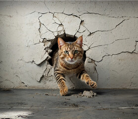 Obraz premium 壁穴から出てきたキジトラ猫