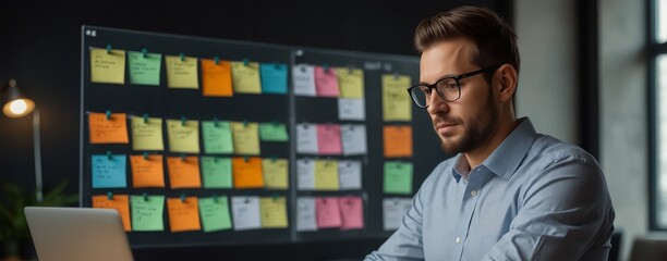Business developer using Kanban board and laptop computer. Agile software development lean project management tool, project management, business development concept