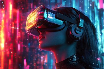 Futuristic cyber world with VR headset and Video Game. AI generated image