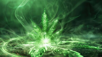 Cannabis leaf transforming into a soft green aura, therapy and healing concept, futuristic design, glowing effects, digital art