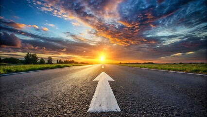 Asphalt Road Leading to Sunset with Arrow