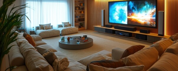 A living room with furniture that adjusts layout automatically for social gatherings, movie nights, or quiet reading sessions, integrated with a smart entertainment system