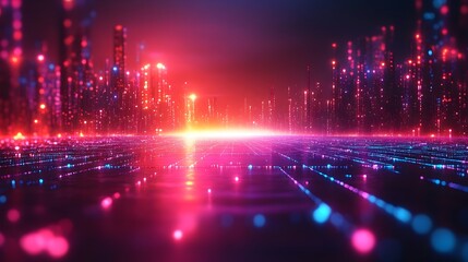 Retro 80s Neon Grid Backdrop with Dark Horizon Evoking Digital Futuristic Aesthetic