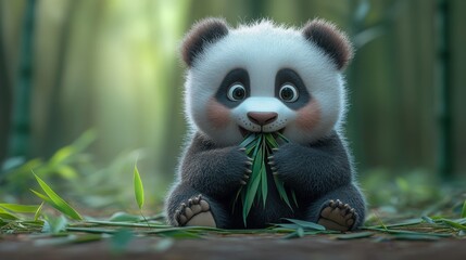 Obraz premium Charming 3D Panda Bear Sitting and Enjoying Bamboo: Perfect for Children’s Media and Wildlife Themes