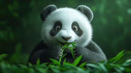 Fototapeta premium Cute 3D Style Panda Bear Sitting and Enjoying Bamboo for Nature and Wildlife Themes