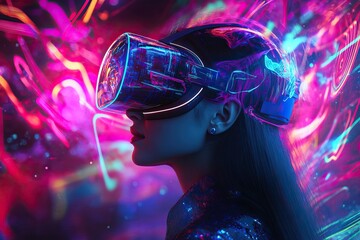 Futuristic cyber world with VR headset and Video Game. AI generated image