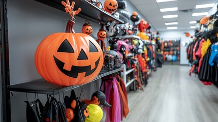 Colorful Halloween decorations and costumes in a vibrant store display, creating a festive atmosphere for the holiday.
