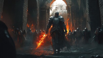 Armored warrior wielding a flaming sword in a dark fantasy setting Video Game. AI generated image