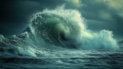 A large wave crashes in the ocean, creating a dramatic scene with white foam and turquoise water.