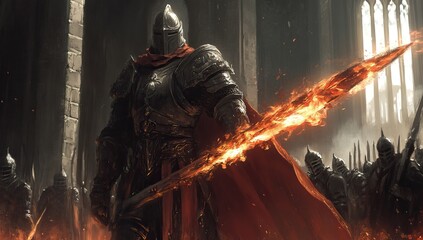 Armored warrior wielding a flaming sword in a dark fantasy setting Video Game. AI generated image