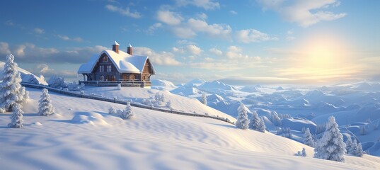 A cozy cabin on a snowy mountain landscape during sunrise with clear blue skies