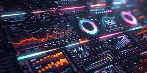 Futuristic Data Interface with Graphs and Charts - A futuristic digital interface displaying dynamic graphs, charts, and data visualizations