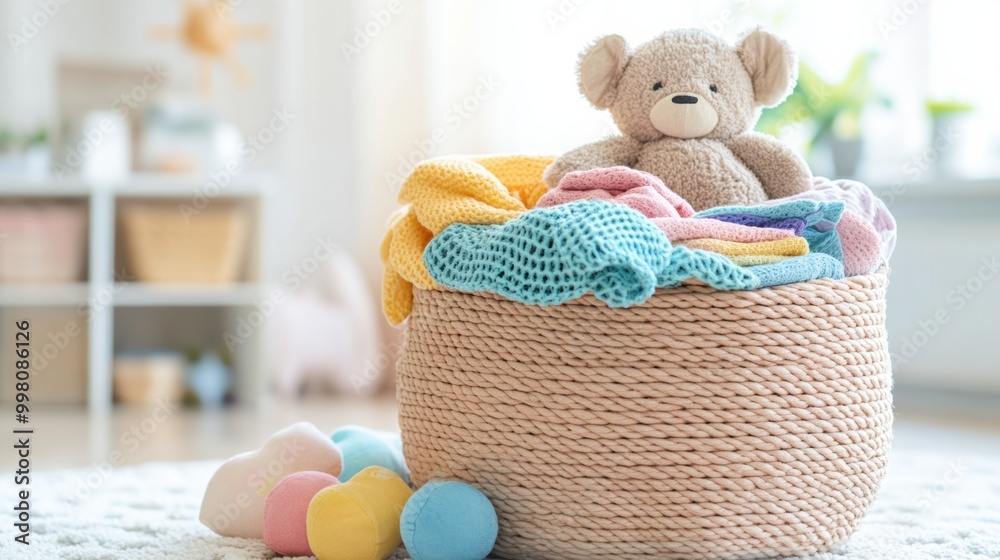 Poster bright and inviting, a laundry basket overflows with children's clothing and a plush teddy bear, cre