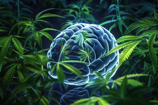Mind and body healing through cannabis, human brain surrounded by glowing cannabis leaves, futuristic therapy, digital art