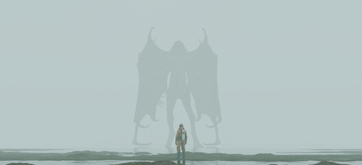 Giant humanoid kraken mythical cthulhu type sea monster demon hazmat suit beach 3d illustration render digital rendering
