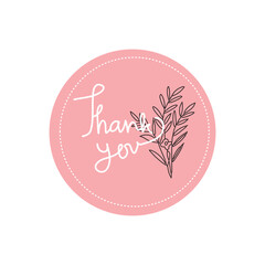 Thank you handwritten with floral line isolated on white background. Hand drawn lettering style calligraphy.