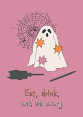 Cute Halloween card with ghost, broom and spiderweb. Printable vector poster, t-shirt design. 