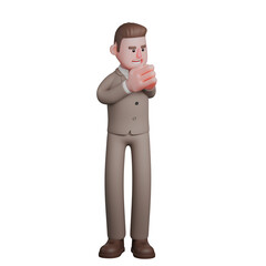 Male Lawyer Legal Professional. A male lawyer is seen standing while both hands are holding a red canned drink, as if he wants to drink it. 3D Cartoon