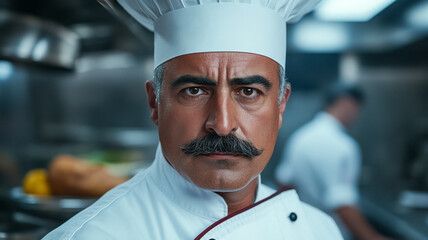 Middle aged man with a stylish mustache and a chefs hat cooking in a bustling kitchen focused expression 