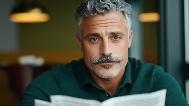 Middle aged man with a neatly trimmed mustache and salt and pepper hair sitting at a cafe reading a newspaper 